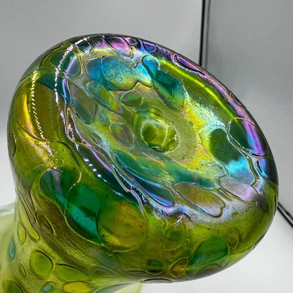 Glass Eye Studio Iridescent Hand Blown Art Glass Ruffle‎ Vase Green Blue